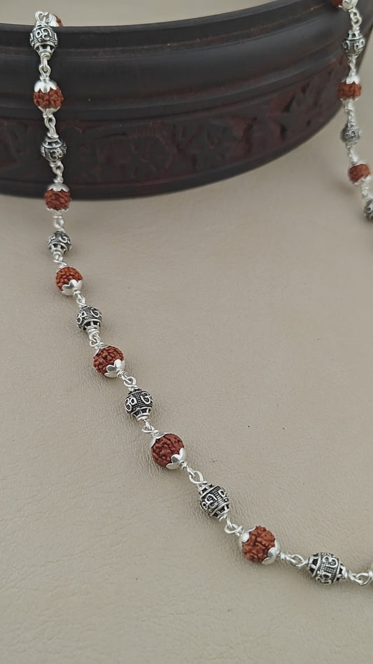 925 Silver OM Bead Cover Rudraksha Mala for Men