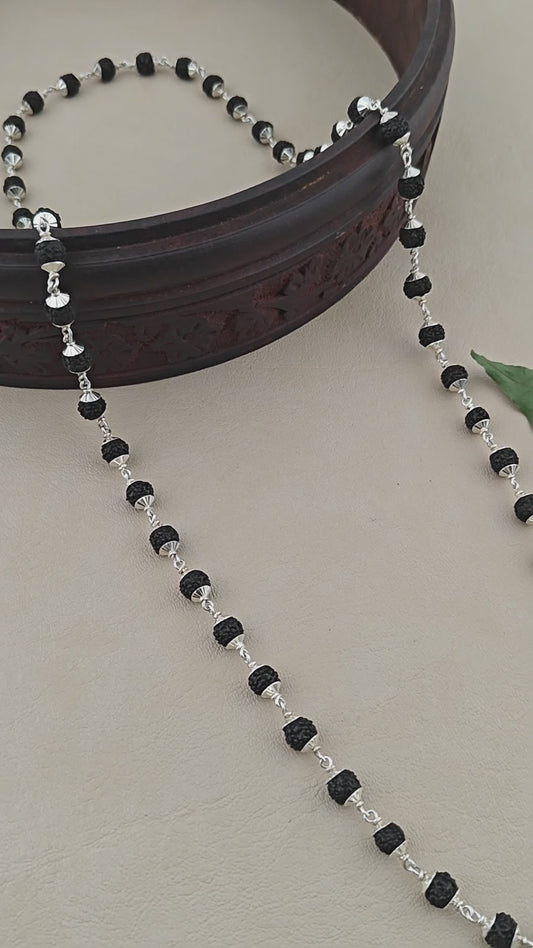 925 Silver Black Shiny Cover Rudraksha Mala for Men