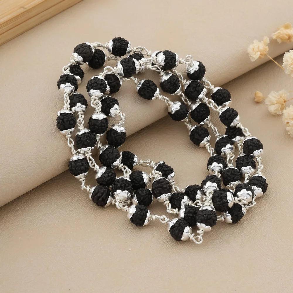 925 Silver Black Star Cover Rudraksha Mala for Men