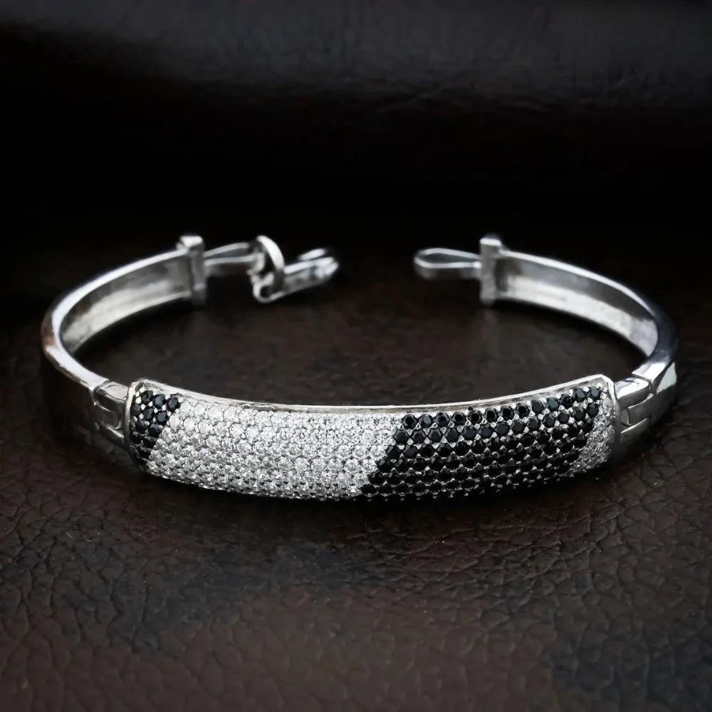 925 Silver Black White Diomand Stripe Kada Bracelet for Kids | Child