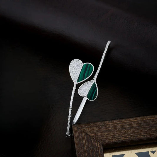 925 Silver Bracelet like Bangle with Green Heart for Women