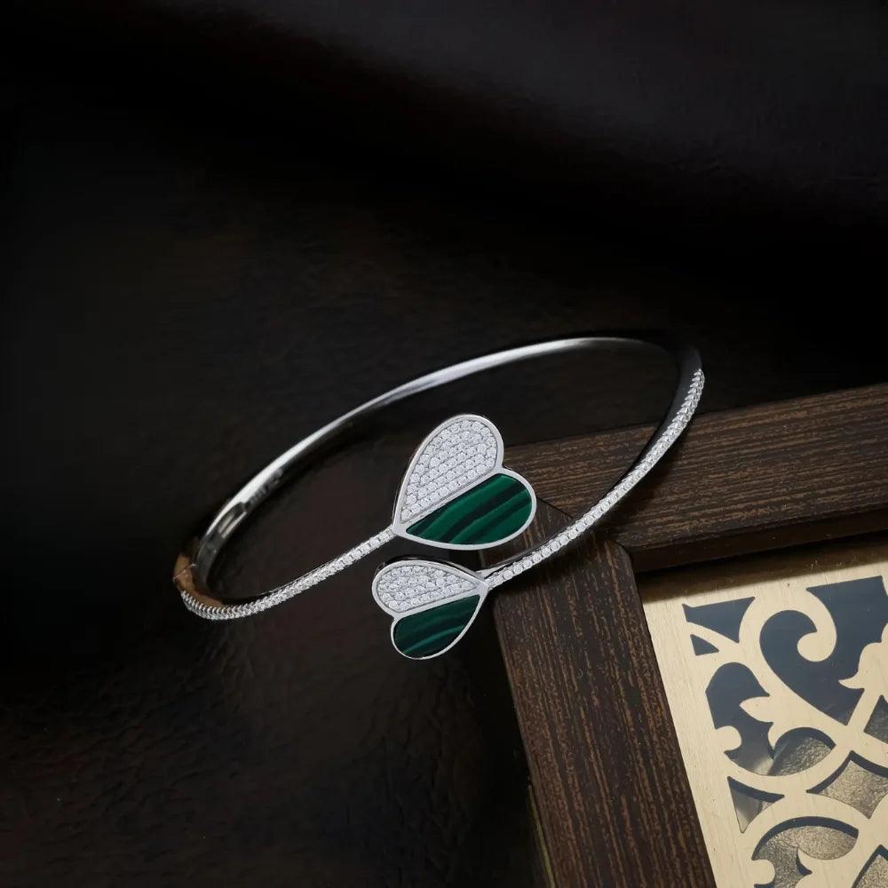 925 Silver Bracelet like Bangle with Green Heart for Women