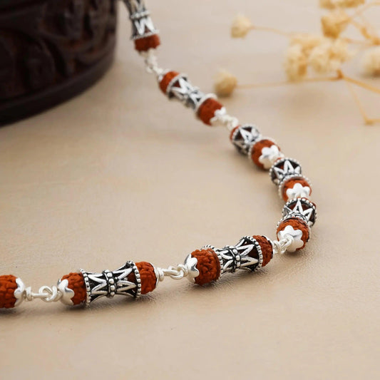 925 Silver DAMRU Bead Rudraksha Mala for Men