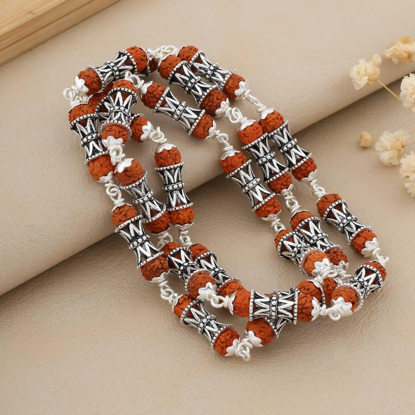 925 Silver DAMRU Bead Rudraksha Mala for Men