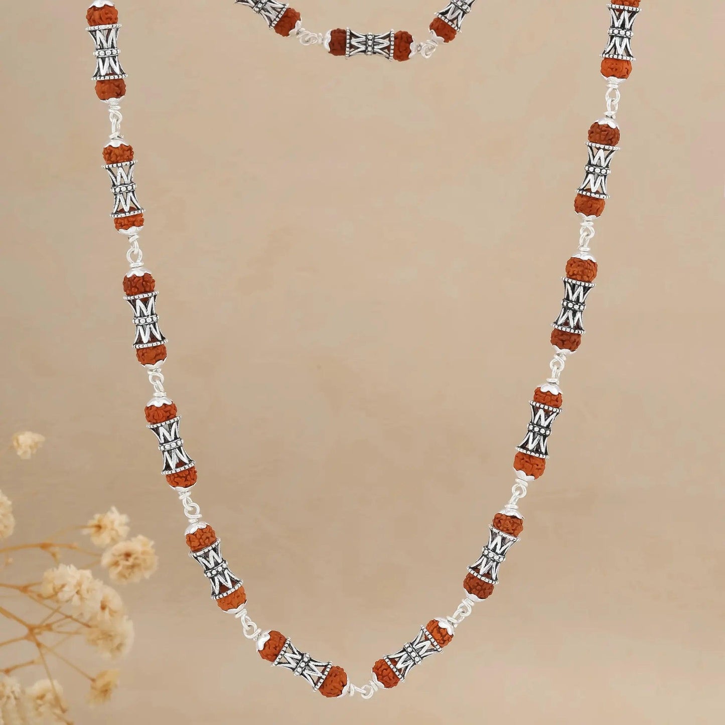 925 Silver DAMRU Bead Rudraksha Mala for Men