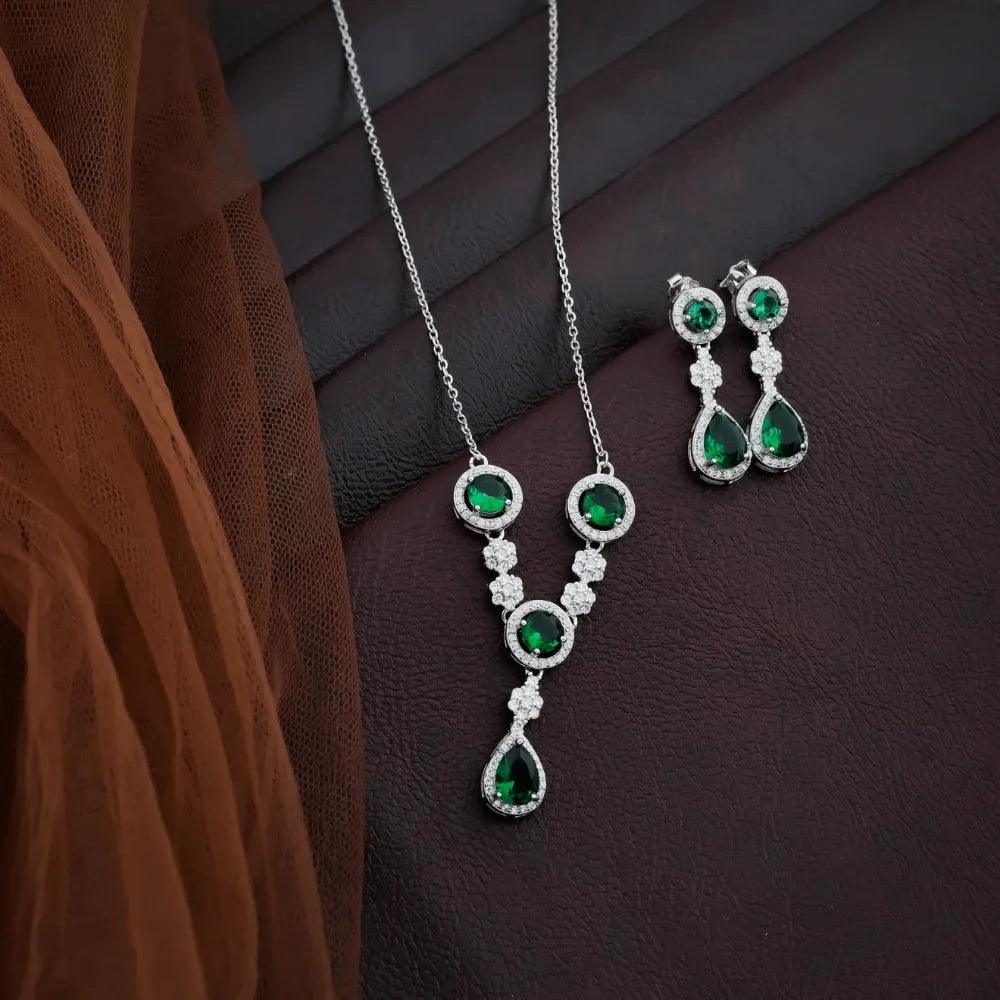 925 Silver Natural Green Round & Pear Necklace for Women