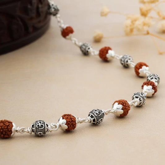 925 Silver Om Bead Rudraksha Mala for Men