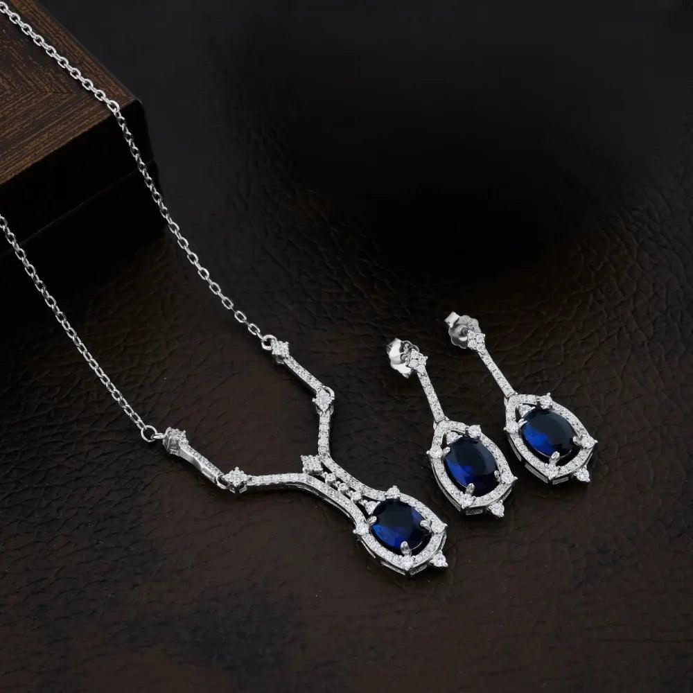 925 Silver Sky Blue Oval Necklace for Women