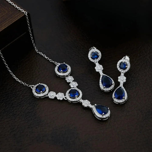 925 Silver Stylish Water Blue Round & Pear Necklace for Women