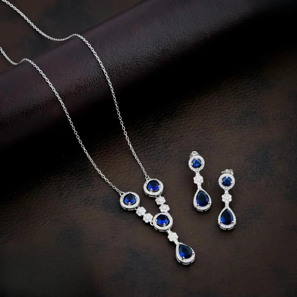 925 Silver Stylish Water Blue Round & Pear Necklace for Women