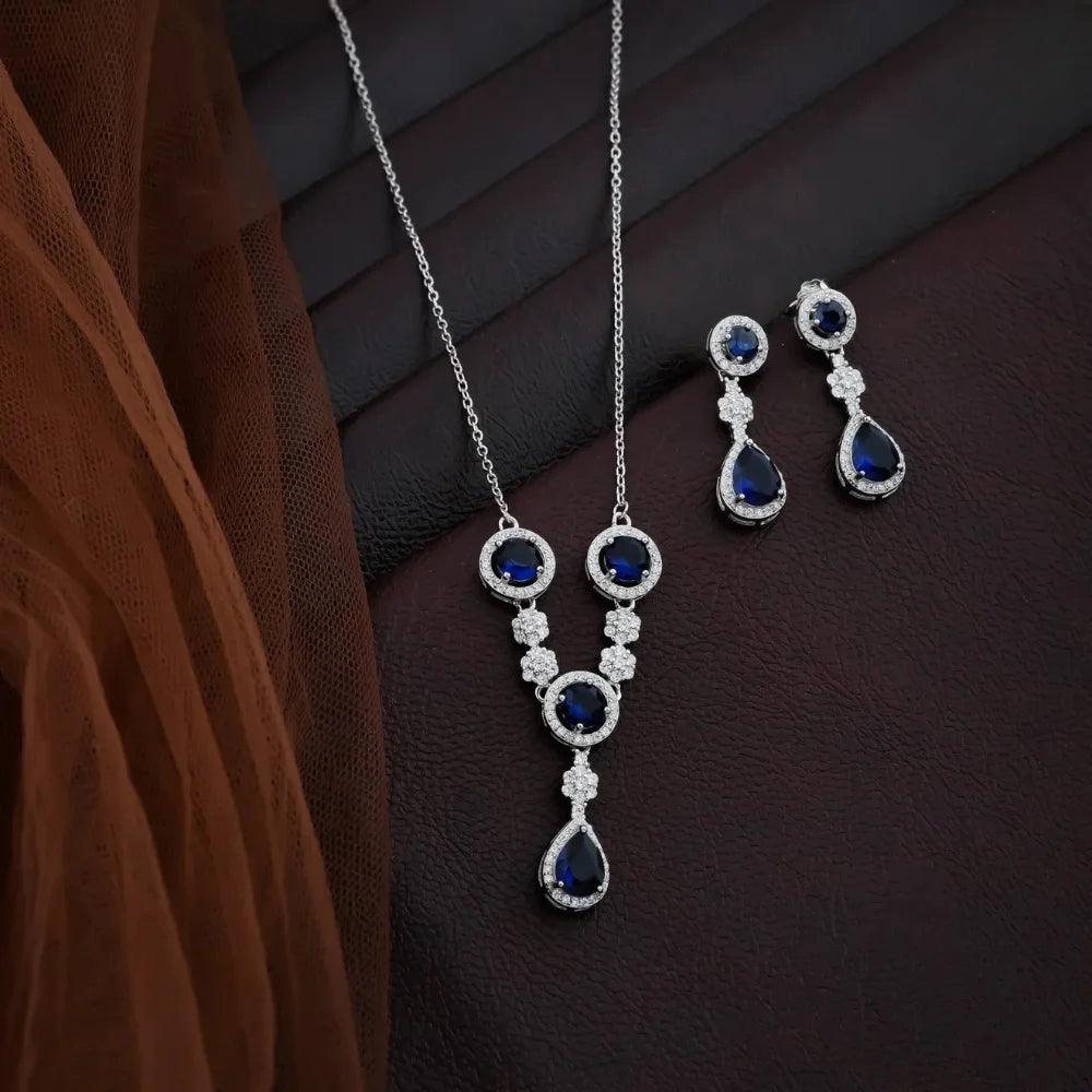 925 Silver Stylish Water Blue Round & Pear Necklace for Women