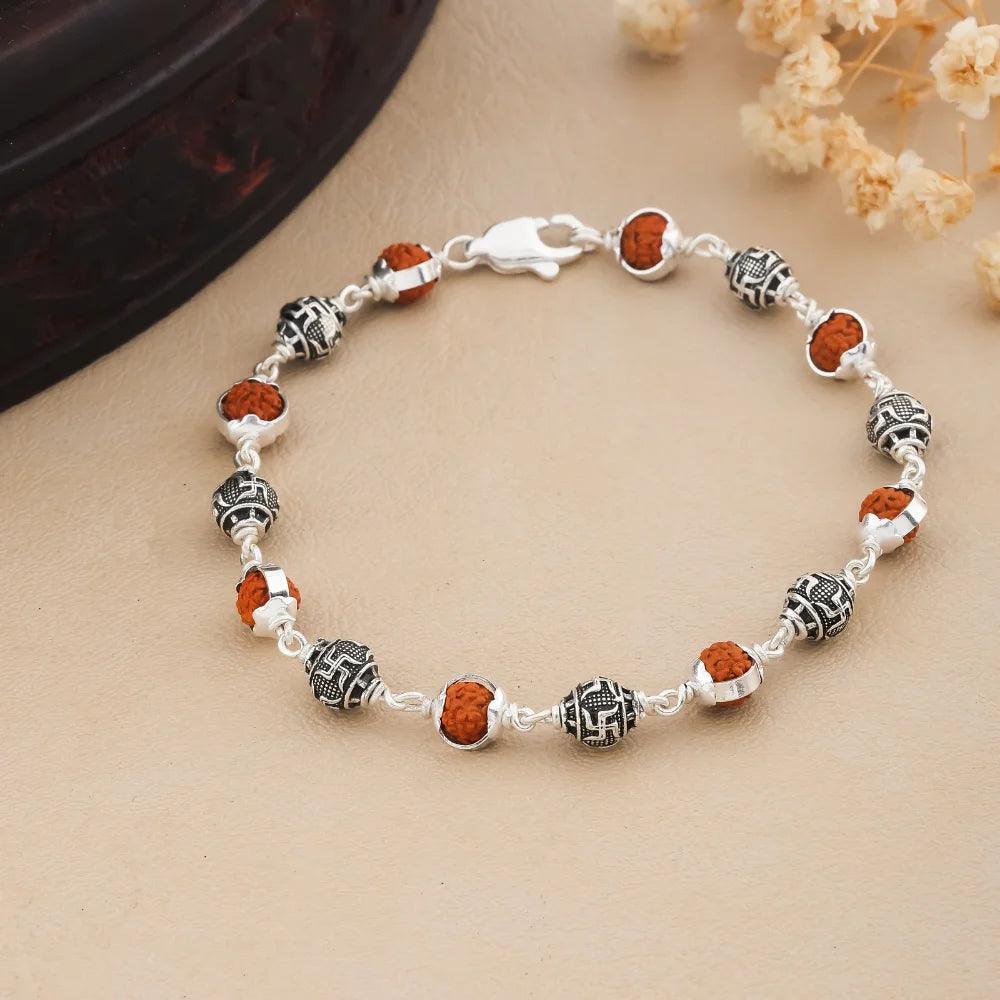 925 Silver SWASTIK Bead Cover Rudraksha Bracelet for Men