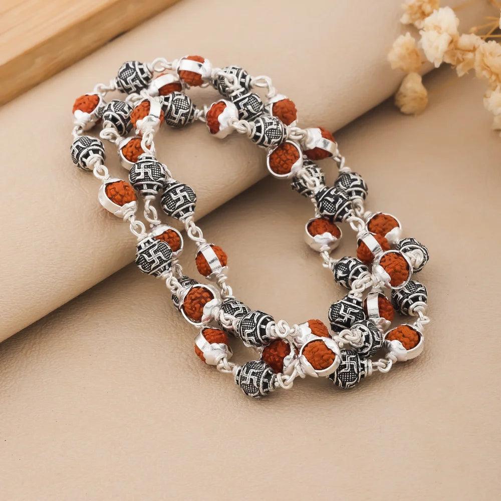 925 Silver SWASTIK Bead Cover Rudraksha Mala for Men