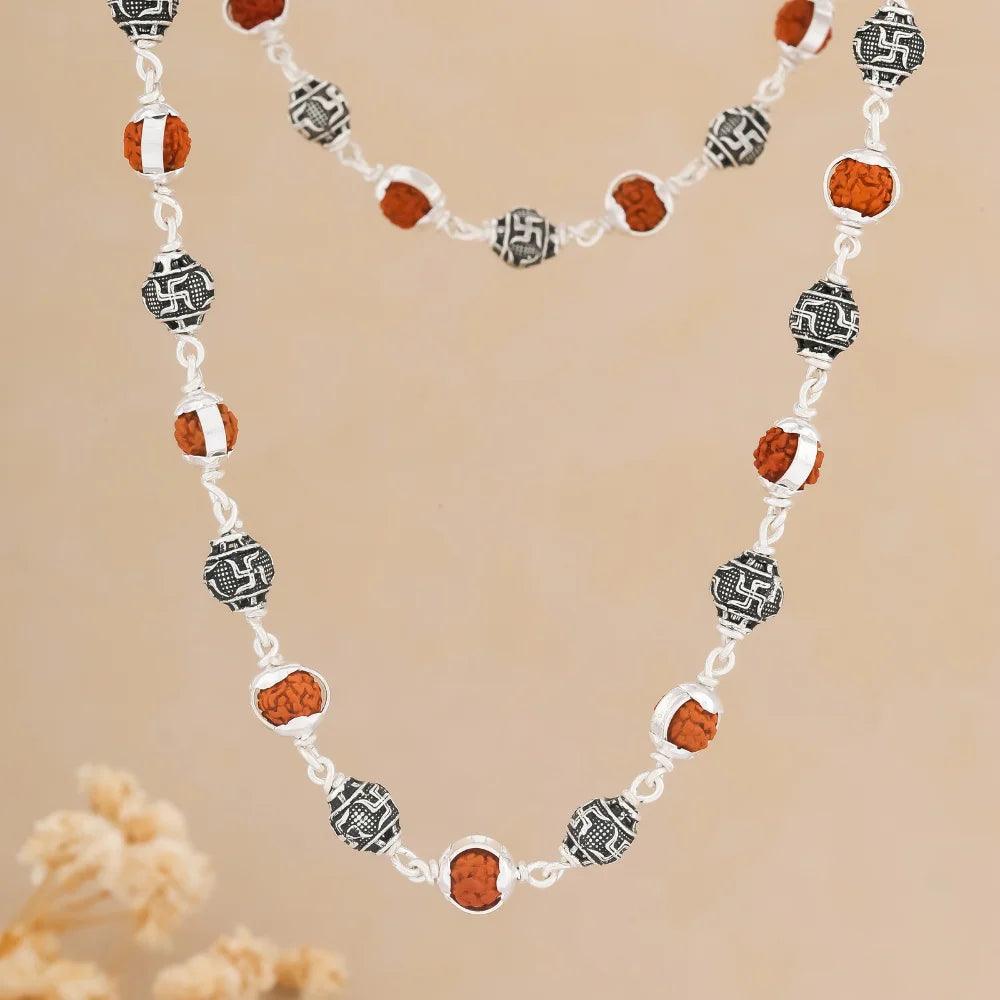 925 Silver SWASTIK Bead Cover Rudraksha Mala for Men