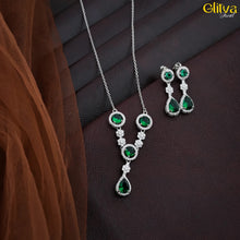 Women Silver Necklace with Natural Green Round & Pear Combination