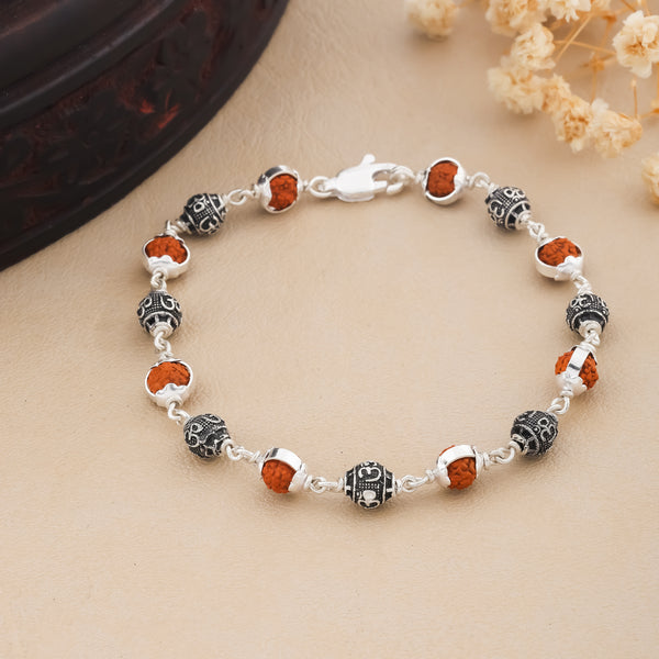 Rudraksha Silver With OM Ring Bead Bracelet