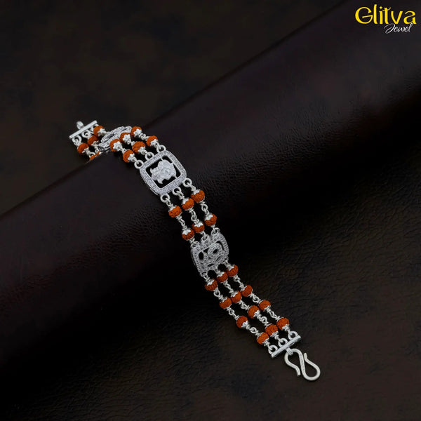 Rudraksh Silver Bracelet 3 layers with Om and Ganesha - glitva