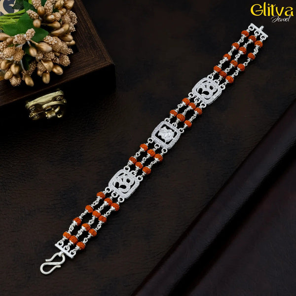 Rudraksh Silver Bracelet 3 layers with Om and Ganesha - glitva