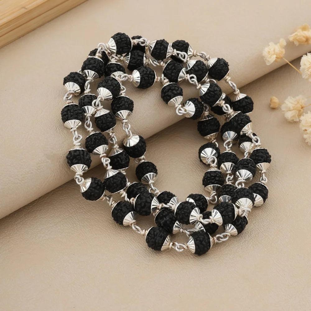 925 Silver Black Shiny Cover Rudraksha Mala for Men