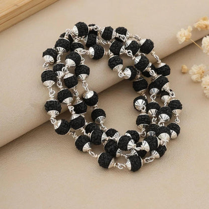 925 Silver Black Shiny Cover Rudraksha Mala for Men
