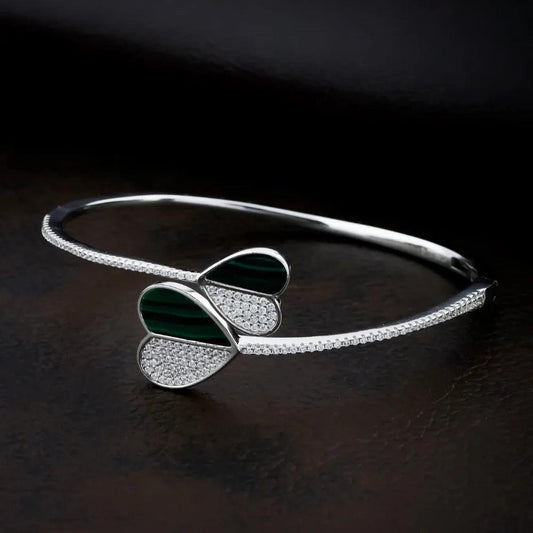 925 Silver Bracelet like Bangle with Green Heart for Women