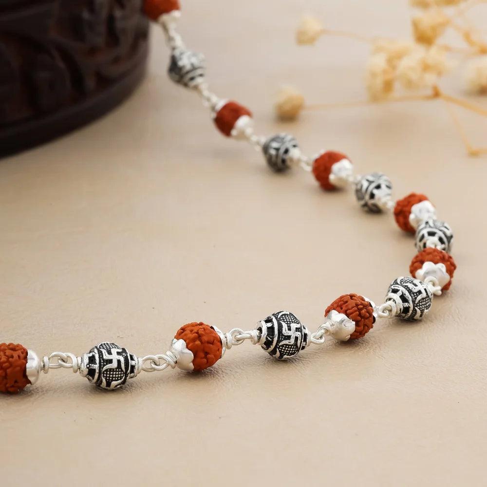 925 Silver SWASTIK Bead Rudraksha Mala for Men