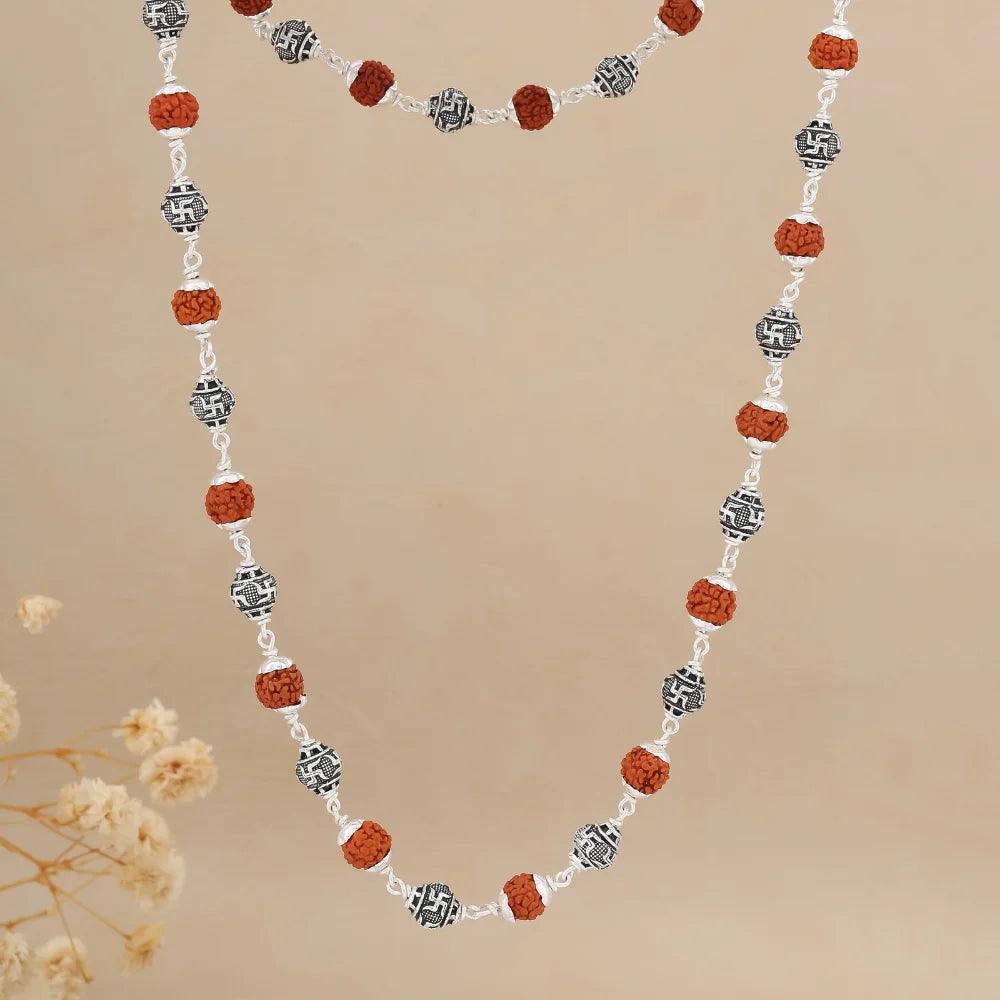925 Silver SWASTIK Bead Rudraksha Mala for Men