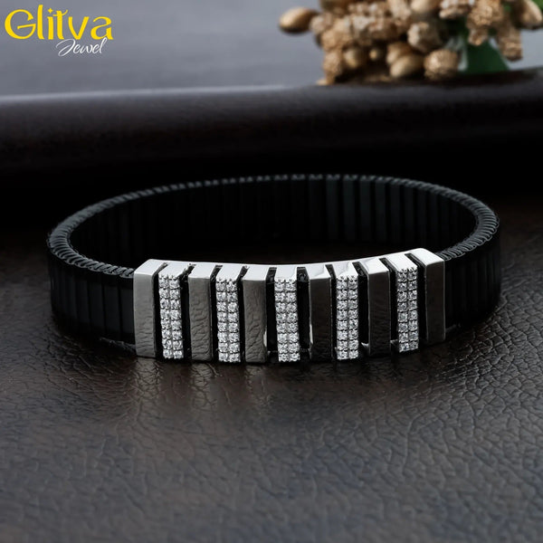 Slim Line Sterling Silver Rolex Bracelet with Diamond - glitva