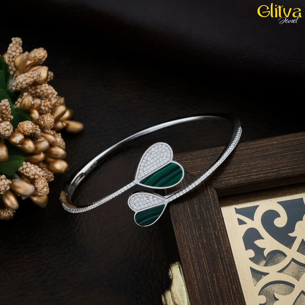 Women Silver Bracelet like Bangle with Green Heart - glitva