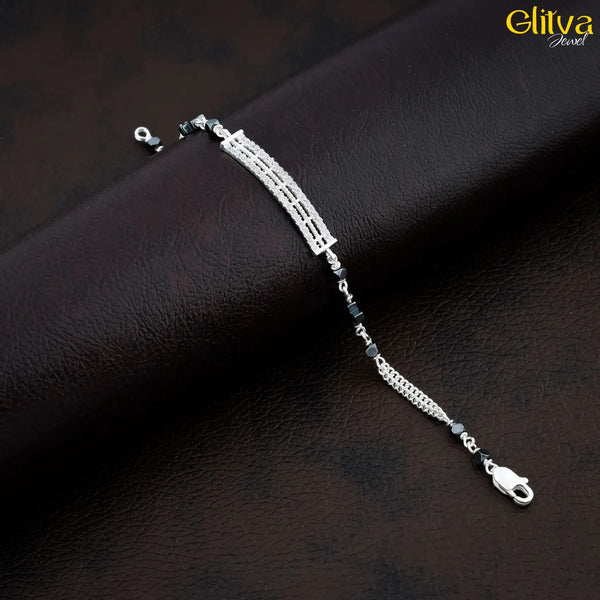 Women Silver Bracelet with Black Gemstone - glitva