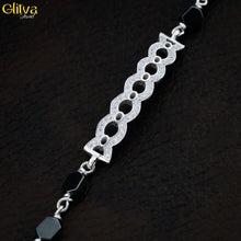 Women Silver Bracelet with Black Gemstone and Center Round lapping - glitva